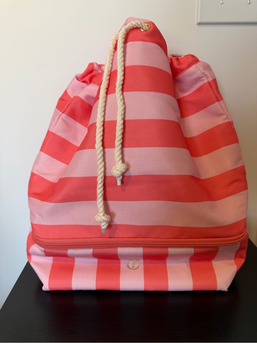 Victoria's Secret Pink and Coral Striped Drawstring Beach Cooler Backpack